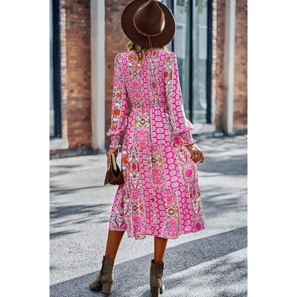 Patchwork Smocked Puff Sleeve Tiered Midi Dress - Picture 5 of 15